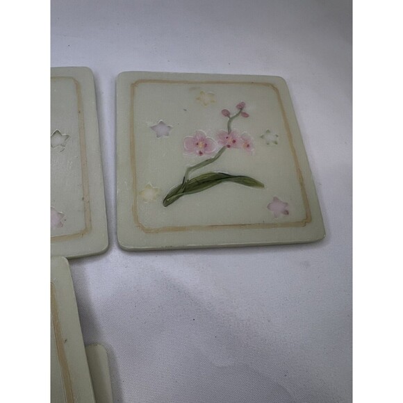 Set Of 4 Stone Hand Painted Coasters W Holder‎ 3D Butterfly & Flowers Sculpture - Picture 9 of 13